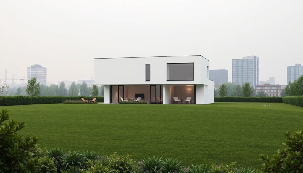 A modern, minimalist architectural rendering of a residential property in Hamburg, Germany. The building is a sleek, contemporary two-story structure with clean lines, large windows, and a flat roof. The property is situated on a grassy plot, with a well-manicured lawn and lush landscaping in the foreground. The background features a cityscape of other Hamburg buildings, with a hazy, overcast sky overhead. The lighting is soft and diffused, creating a serene, professional atmosphere. The scene conveys a sense of tranquility and sophistication, suitable for an article on real estate valuation.