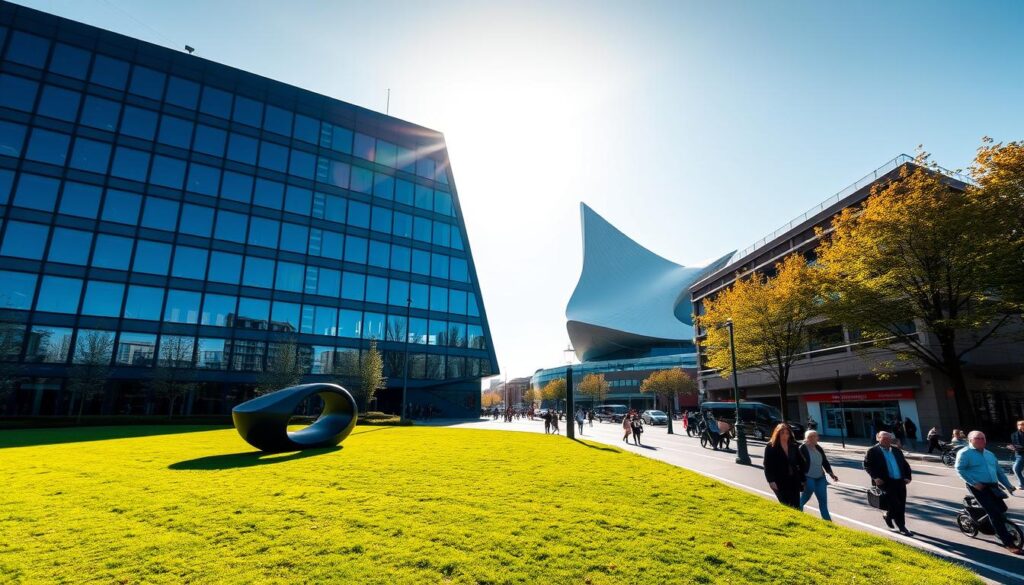 A modern office building in the heart of Hamburg, Germany, casting a sleek, angular silhouette against a clear sky. Sunlight filters through large windows, illuminating the clean lines of the facade. In the foreground, a well-manicured lawn and a contemporary sculpture create a striking visual contrast. The middle ground features a bustling street, with commuters and professionals hurrying to their destinations. In the background, the iconic Elbphilharmonie concert hall rises majestically, its unique architecture a testament to the city's blend of tradition and innovation. The scene evokes a sense of commercial dynamism and civic pride, conveying the significance of commercial property evaluation in this thriving urban landscape.