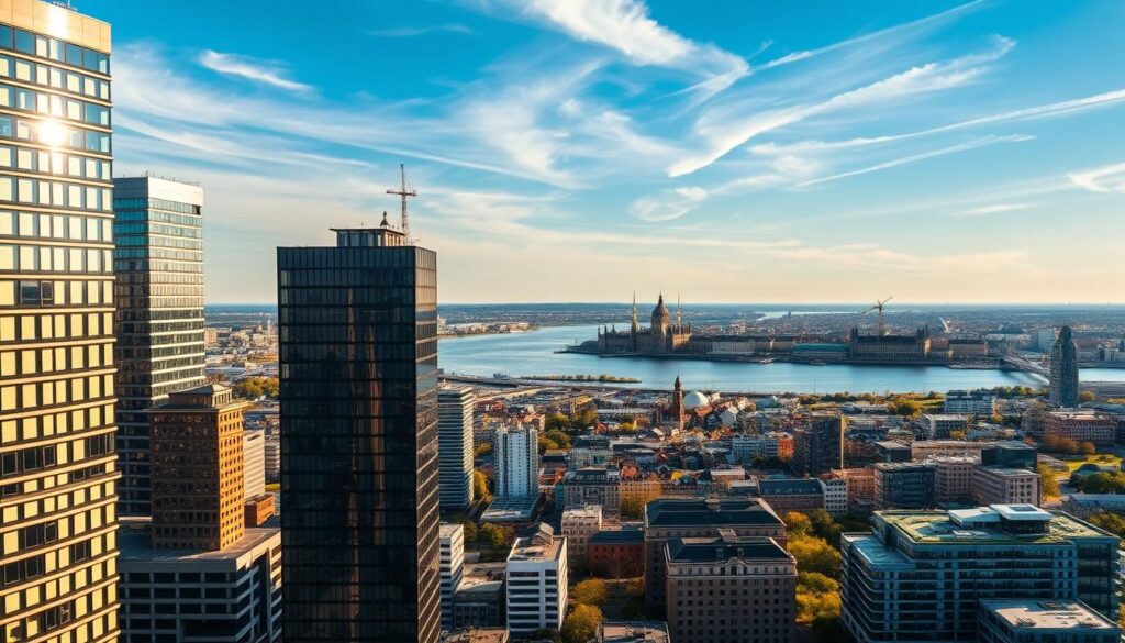 A panoramic view of the Hamburg cityscape, showcasing the vibrant Immobilienmarkt. In the foreground, modern high-rise buildings with sleek glass facades glisten in the warm afternoon sunlight. The middle ground features a mix of historic structures and contemporary architecture, reflecting the city's blend of old and new. In the distance, the iconic Elbe River winds through the urban landscape, its waters shimmering. The sky is dotted with wispy clouds, casting gentle shadows across the scene. The overall atmosphere conveys a sense of prosperity, growth, and the dynamic nature of the Hamburg real estate market.
