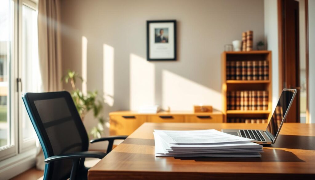 An interior scene of a modern home office, with a large desk and ergonomic chair in the foreground. Sunlight streams in through a window, casting warm tones across the room. On the desk, a stack of legal documents and a laptop are visible, suggesting an ongoing real estate valuation process. In the background, shelves filled with law books and a framed certificate or award hanging on the wall, conveying a sense of professionalism and expertise. The overall atmosphere is one of focus, diligence, and the gravity of the situation, reflecting the significance of property valuation in a divorce case.
